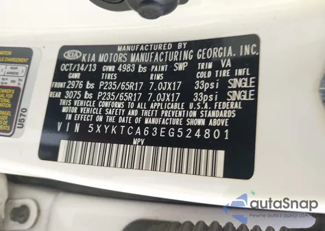 2014 Kia Sorento Lx z USA, uszkodzony, nr VIN 5XYKTCA63EG524801